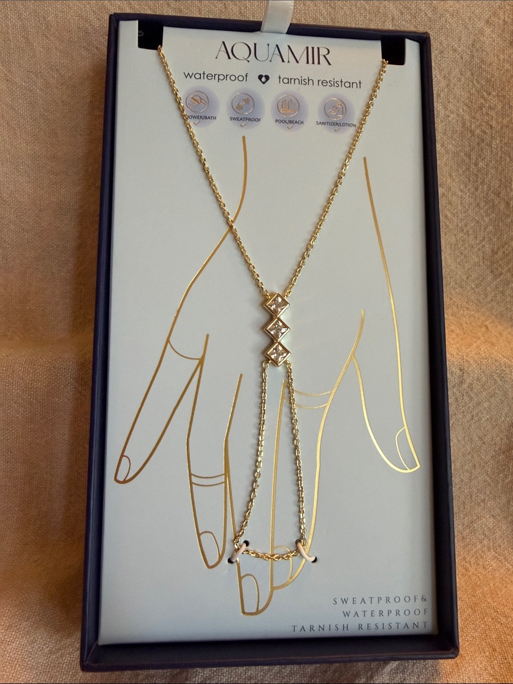 NIB ~ AquaMir Gold Hand Chain with Crystal Squares
